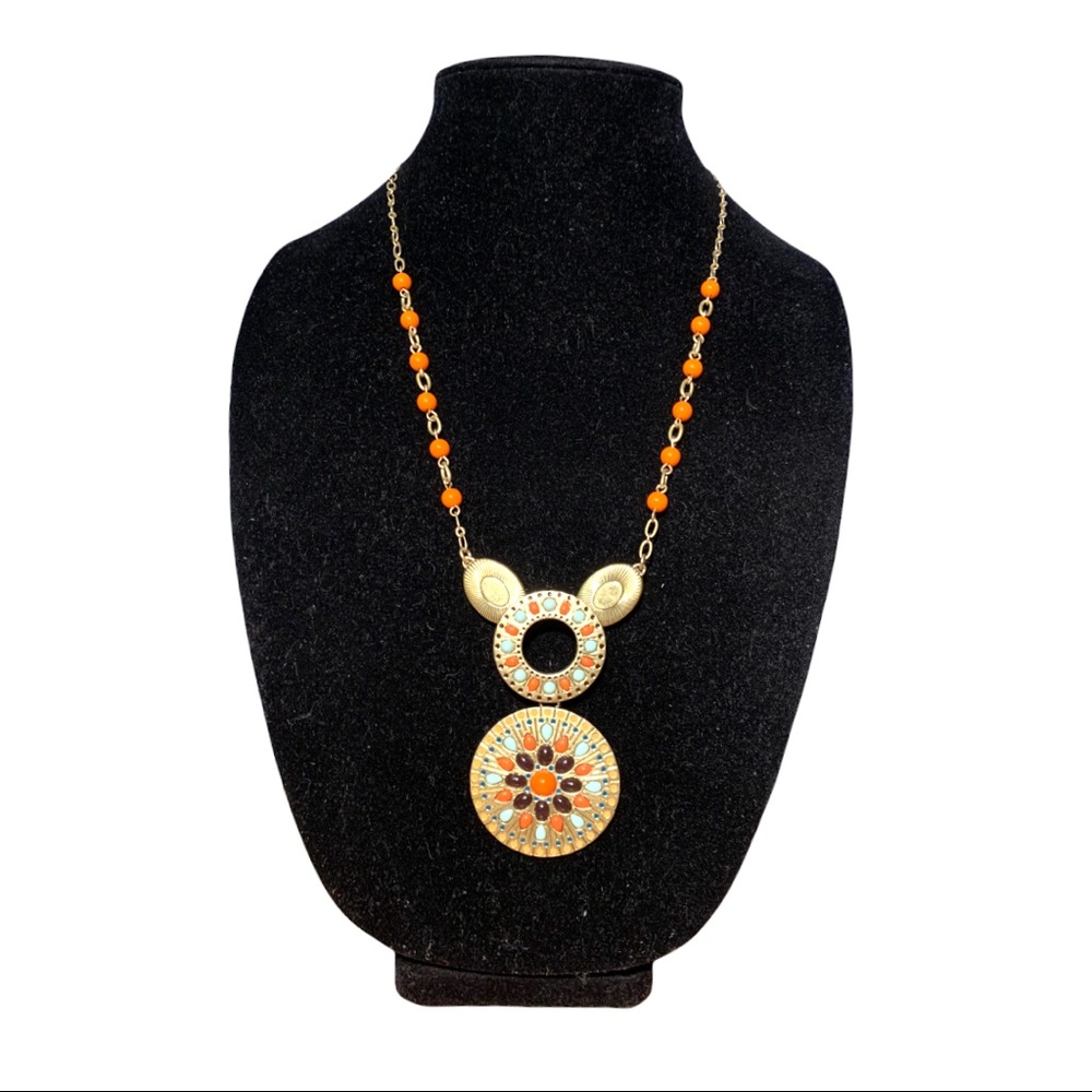 Vintage Midwestern Southern Aztec Style Beaded Drop Pendant Necklace